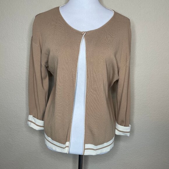 FINITY Tan Contrast Trim Cardigan XL Slinky Knit Single Button Old Money Chic - Picture 6 of 10